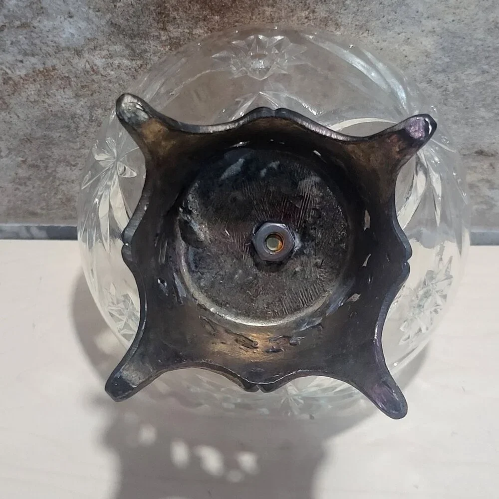 Vintage Clear Glass Compote Dish Metal Base Stand
